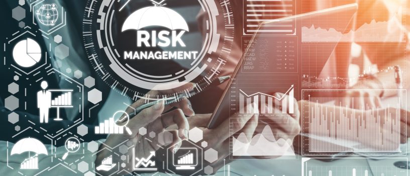 Risk Management and Assessment for Business Investment Concept. Modern graphic interface showing symbols of strategy in risky plan analysis to control unpredictable loss and build financial safety.